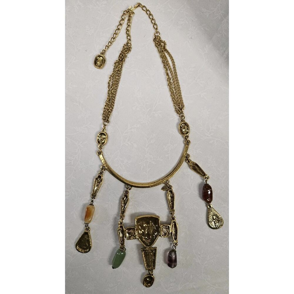 Vintage Goldette Necklace Egyptian Revival Dangling Glass Stones Gold-Tone AeB - Picture 4 of 6